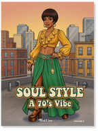 Book cover with a woman in a yellow top and green skirt against a cityscape background, titled 'Soul Style: A 70's Vibe'.