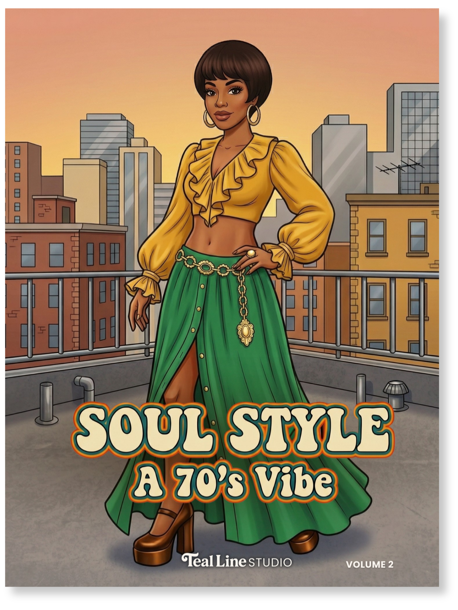 Book cover with a woman in a yellow top and green skirt against a cityscape background, titled 'Soul Style: A 70's Vibe'.