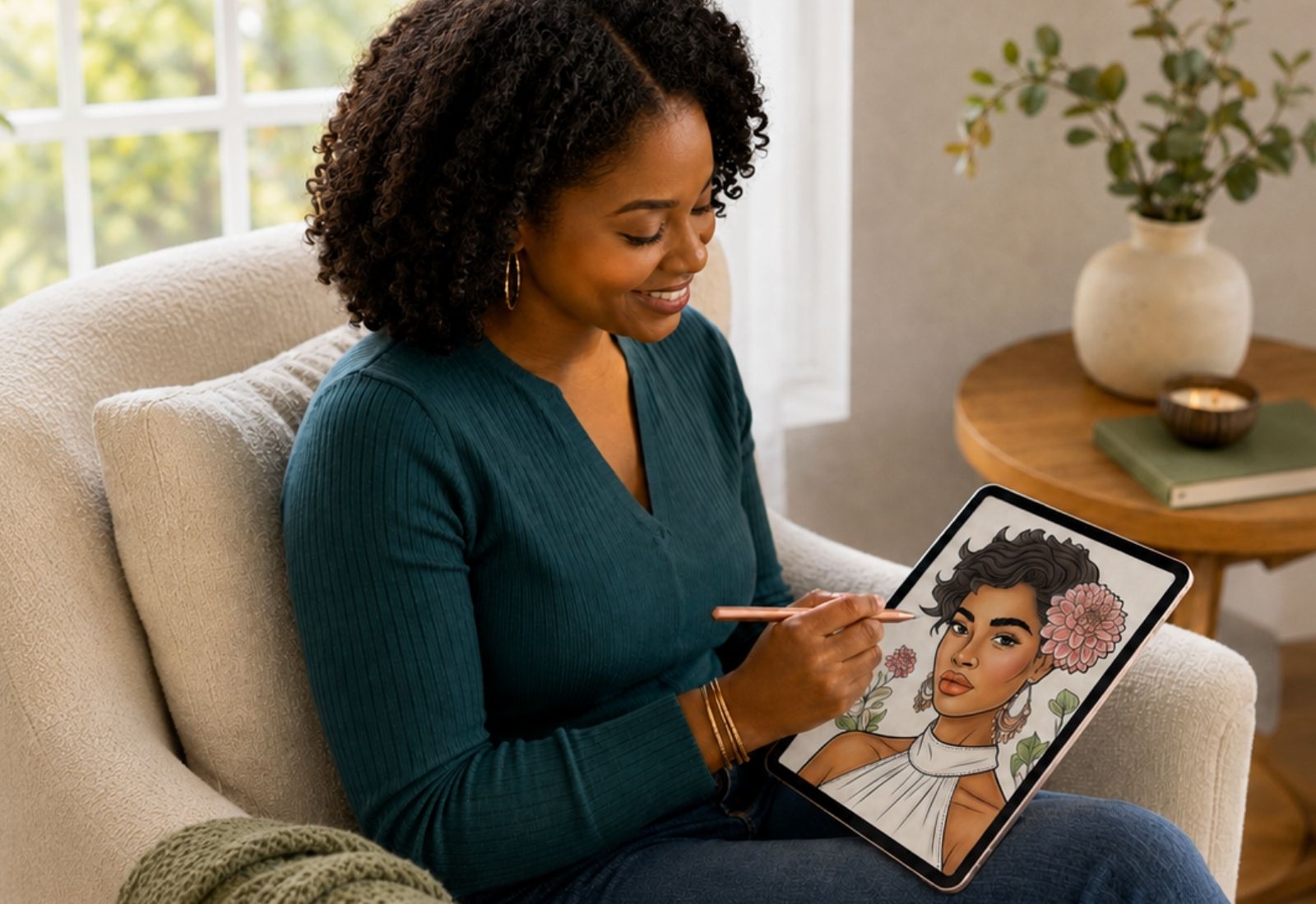 African American Woman sitting on a couch holding a tablet with a coloring of a woman with flowers in her hair.