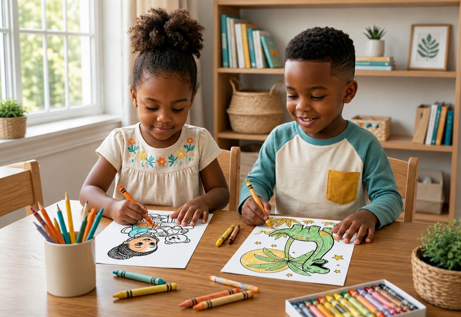 Two black children coloring at a table with crayons and coloring books.
