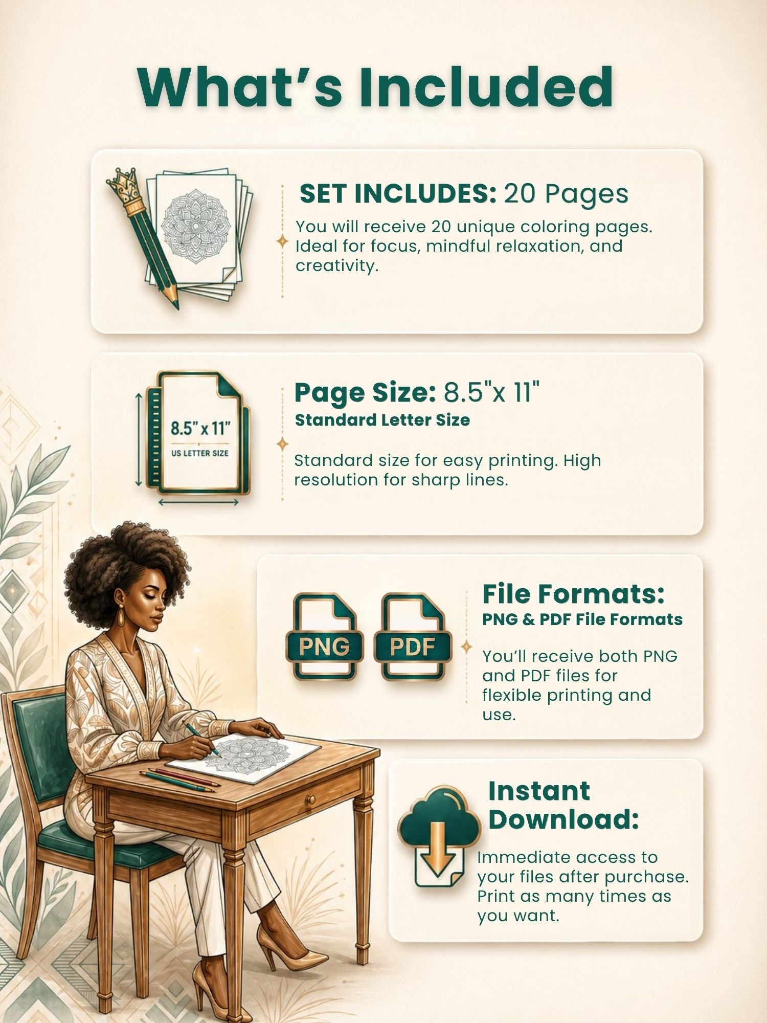 graphic for a coloring book set with details on pages, size, formats, and features.