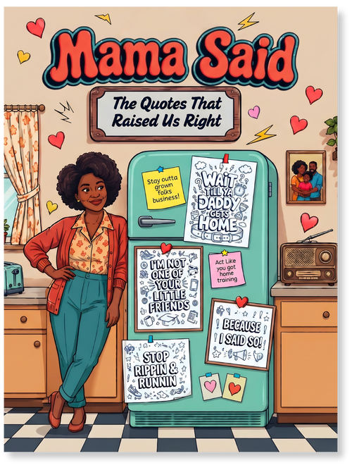 Book cover of 'Mama Said' with a woman standing next to a refrigerator with quotes on it.
