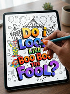 Coloring book page on a tablet with a hand holding a stylus, set against a blurred indoor background.