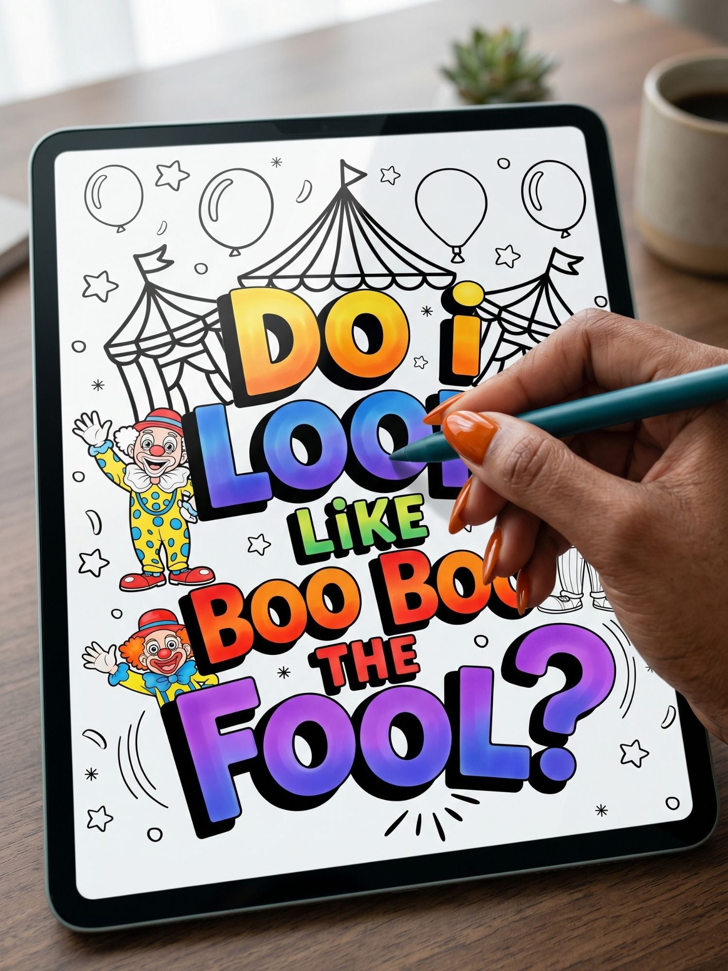 Coloring book page on a tablet with a hand holding a stylus, set against a blurred indoor background.