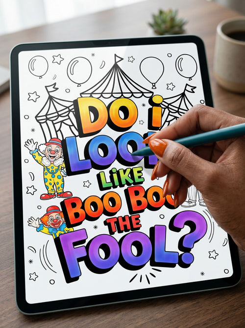 Coloring book page on a tablet with a hand holding a stylus, set against a blurred indoor background.