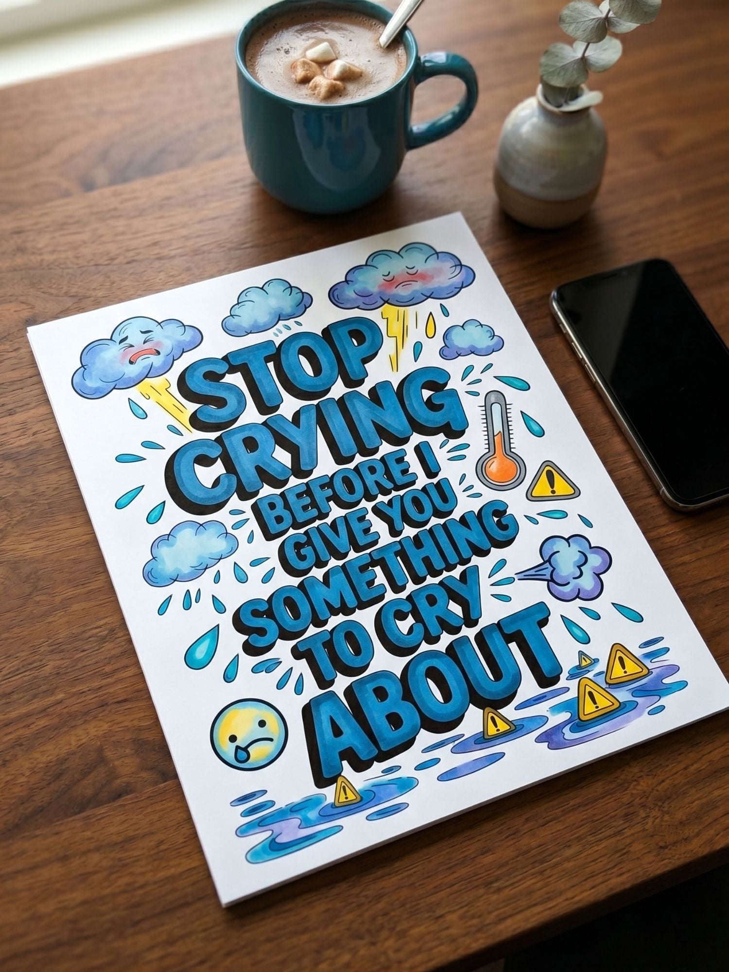 Colorized coloring page with cloud illustrations and text on a wooden table with a mug and phone.