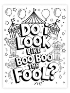 Coloring page with circus-themed text and clowns, featuring balloons and stars.