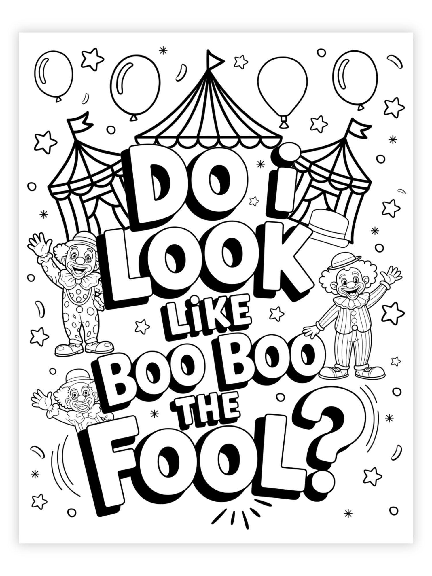 Coloring page with circus-themed text and clowns, featuring balloons and stars.