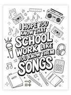 Coloring page with school-themed graphics and text on a white background