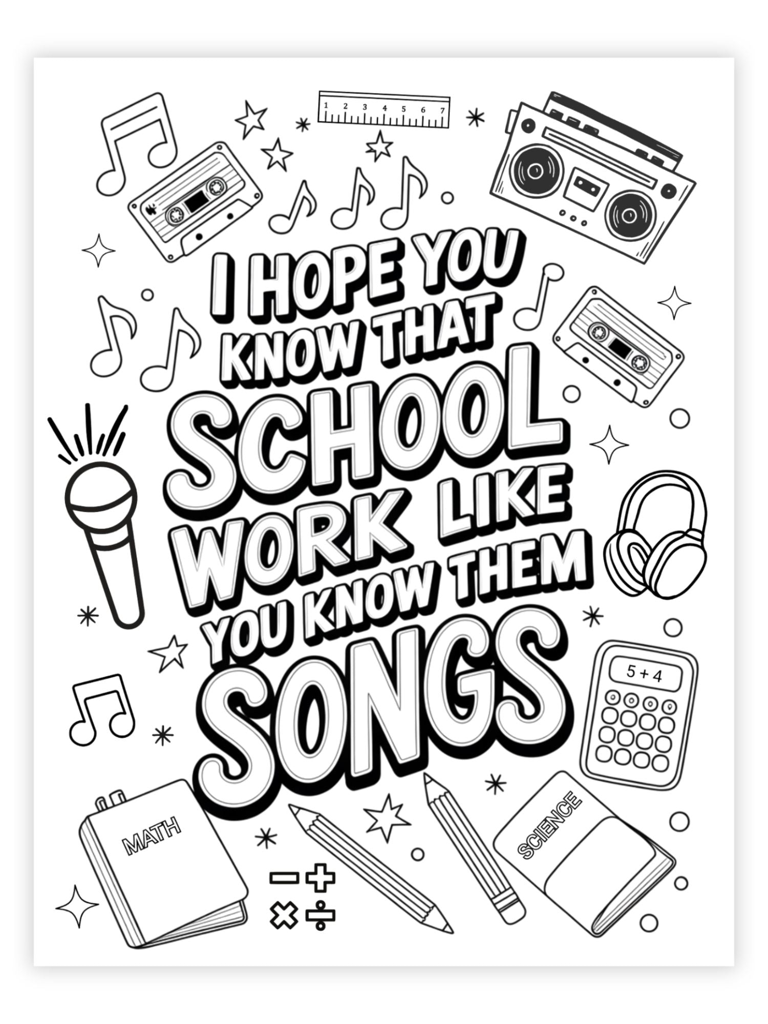 Coloring page with school-themed graphics and text on a white background